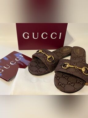 Gucci Brown GG Monogram Slide Sandals with Gold Horsebit